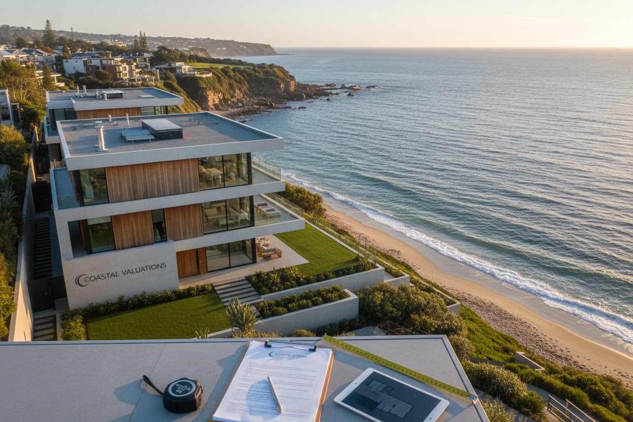 Vista aérea de una casa moderna junto al mar con herramientas de valoración en primer plano.